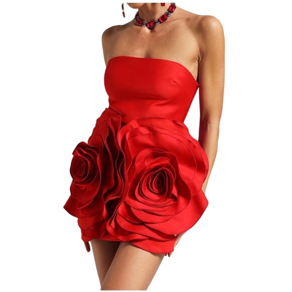 Bella Barnett Red Mini Cocktail Dress XS NWT Strapless Rose Applique Statement - Picture 13 of 13